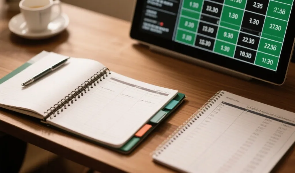 桌面上有笔记本和赔率表，球迷记录策略与风险管理