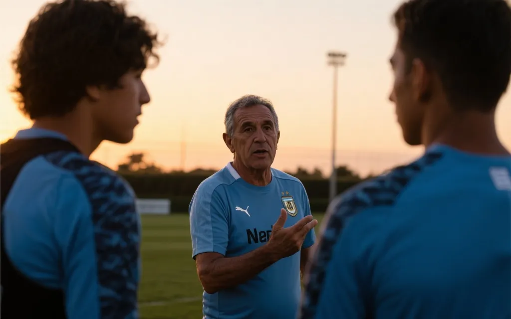 乌拉圭老将与年轻球员在训练中交流，黄昏光线，纪录片质感